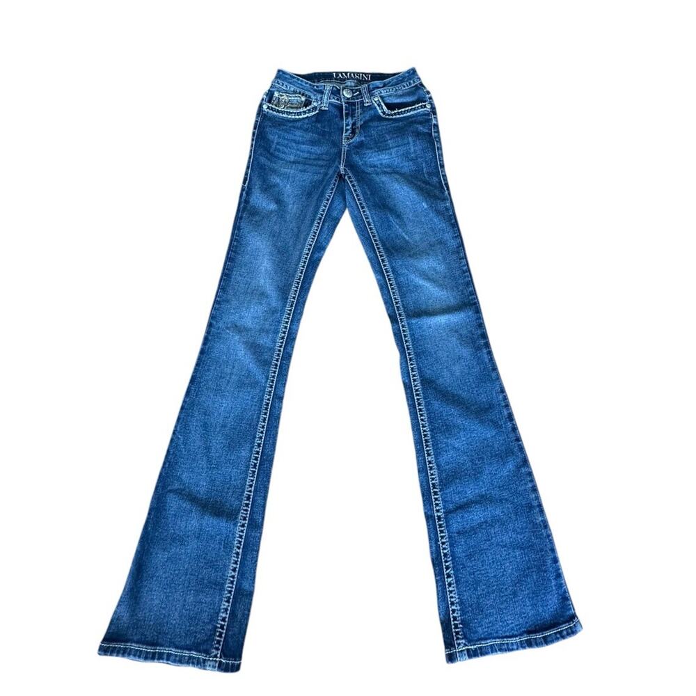 Lamasini Jeans Size 5 Womens Rhinestone Studded Embroidery 5 Pocket Blue Stretch